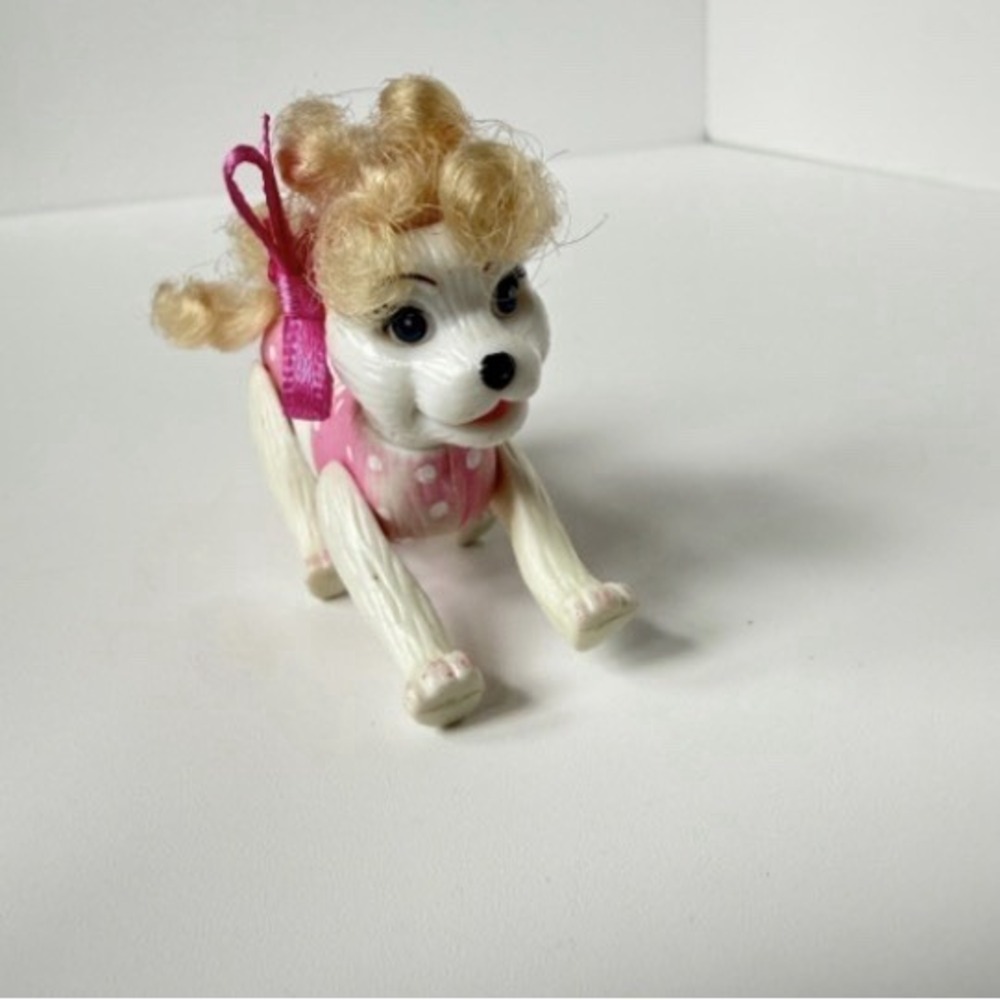 Barbie White Poodle Dog Blond Curly Hair Pink Bows Movable Feet Toy Figure - Picture 1 of 5